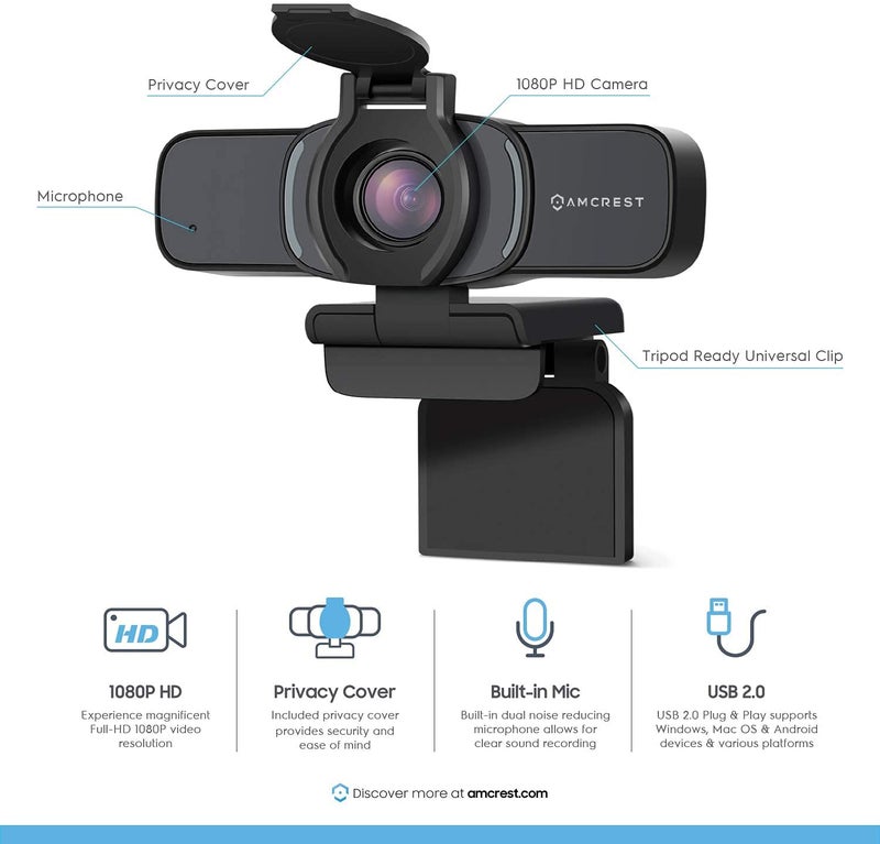 Amcrest 1080P Webcam with Microphone & Privacy Cover, Web Cam USB Camera, Computer HD Streaming Webcam for PC Desktop & Laptop w/Mic, Wide Angle Lens & Large Sensor for Superior Low Light (AWC201-B) - Image 2